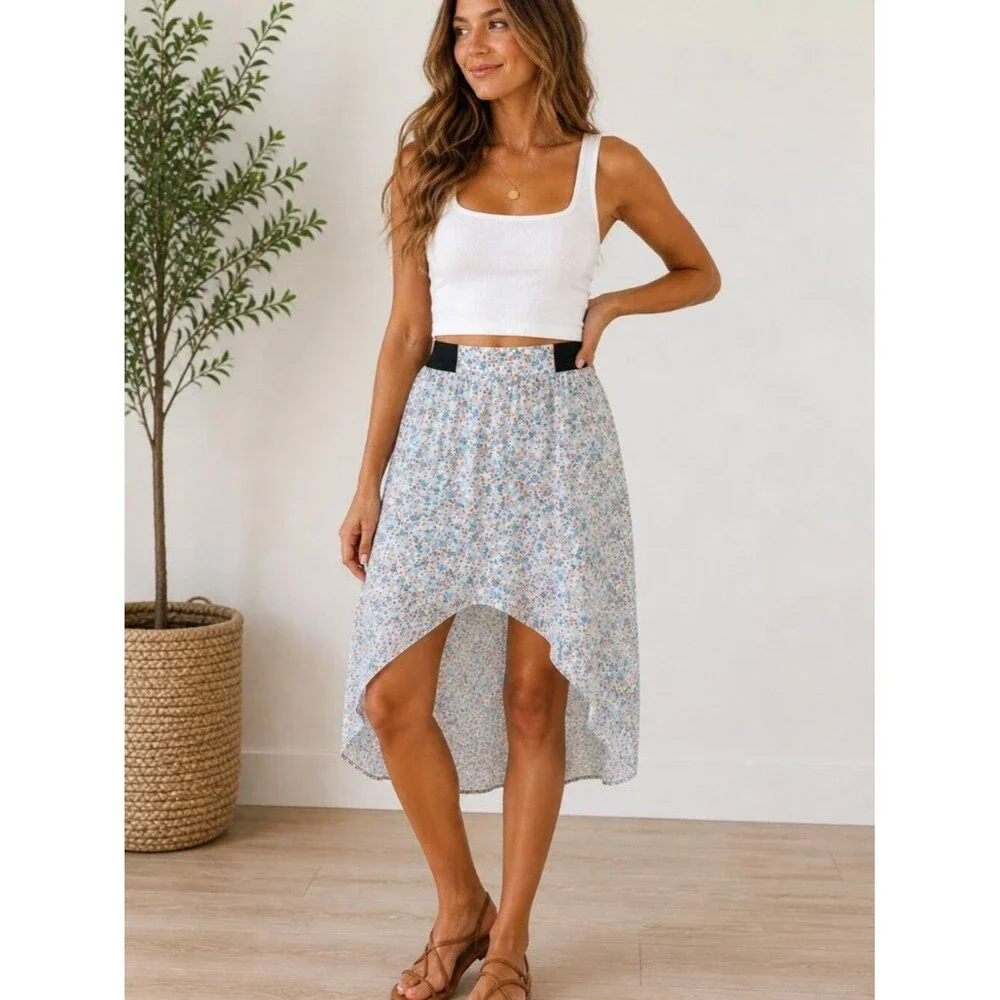 Love Fire Blue Floral Hi Low Skirt XL Boho Flowy Elastic Waist Festival Beach